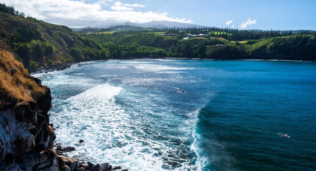 Aerial view of Honolua Bay Maui showing pristine right-hand point break surf spot surrounded by lush tropical vegetation