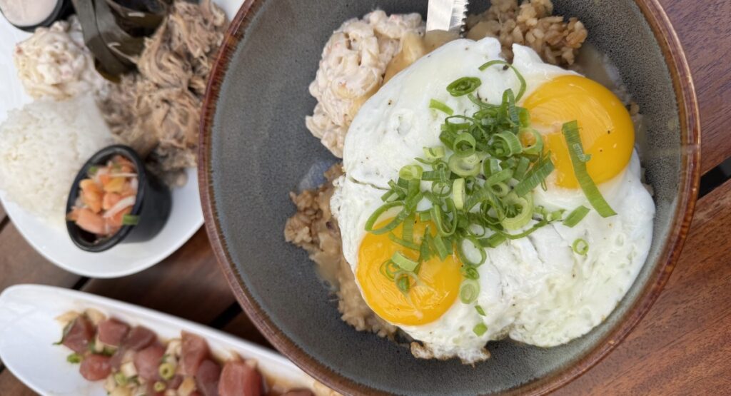 Aloha Mixed Plate in Lāhainā Maui featuring Hawaiian plate lunch with kalua pork, rice, mac salad, and fried eggs—local dining in West Maui 2026