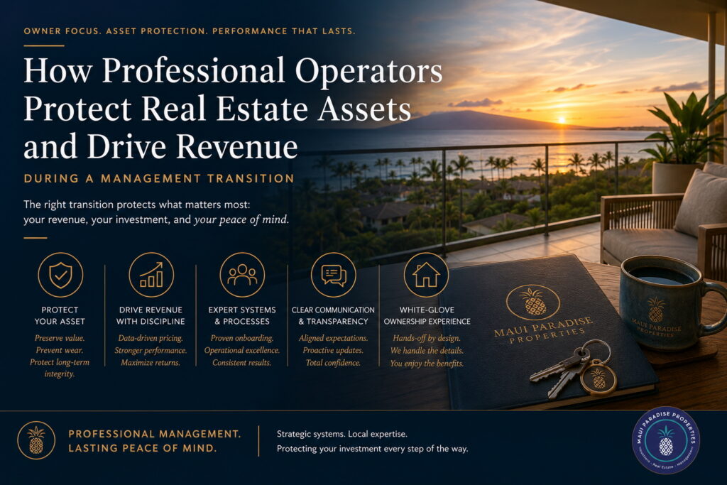 Luxury infographic illustrating how professional vacation rental operators protect Maui real estate assets through revenue optimization, asset protection, expert systems, transparent communication, and white-glove property management services.