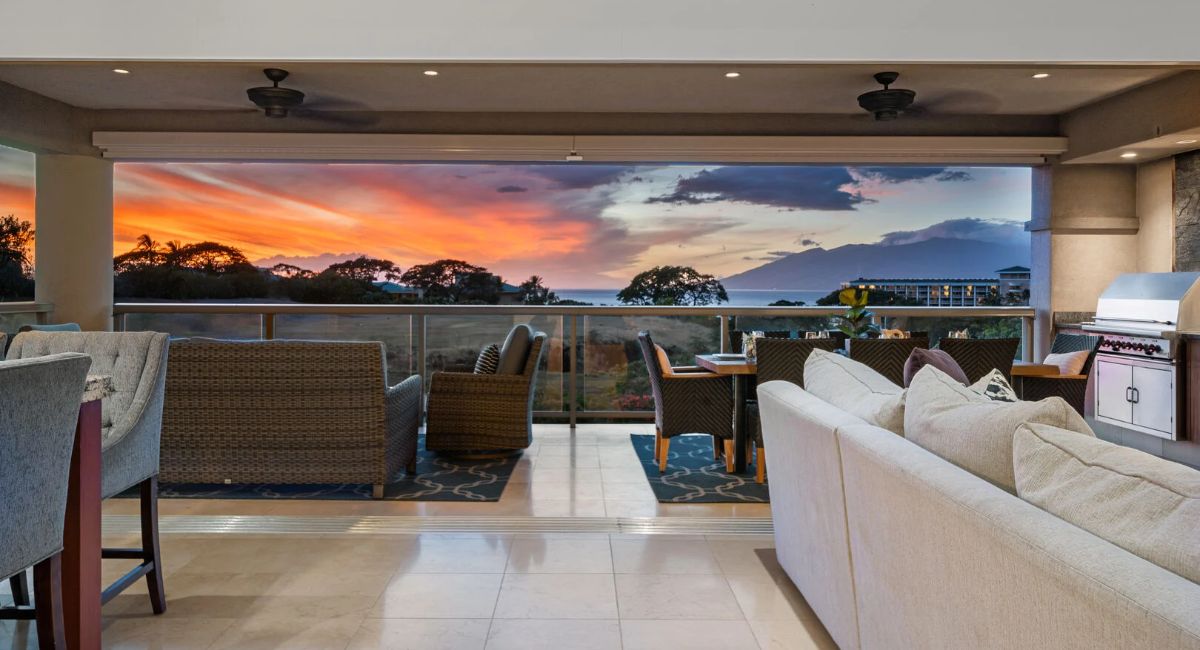 An evening view from an open-air lounge at a Wailea vacation rental